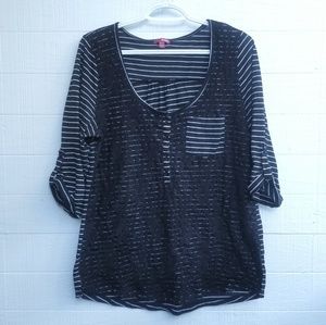 Bongo Stripes and Lace 3/4 Sleeve Button Top
